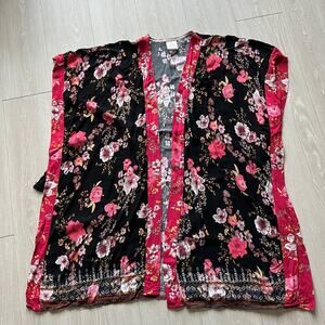 Knox Rose Open Front Kimono Top XS Floral Black Red Boho Beachy Open Sides